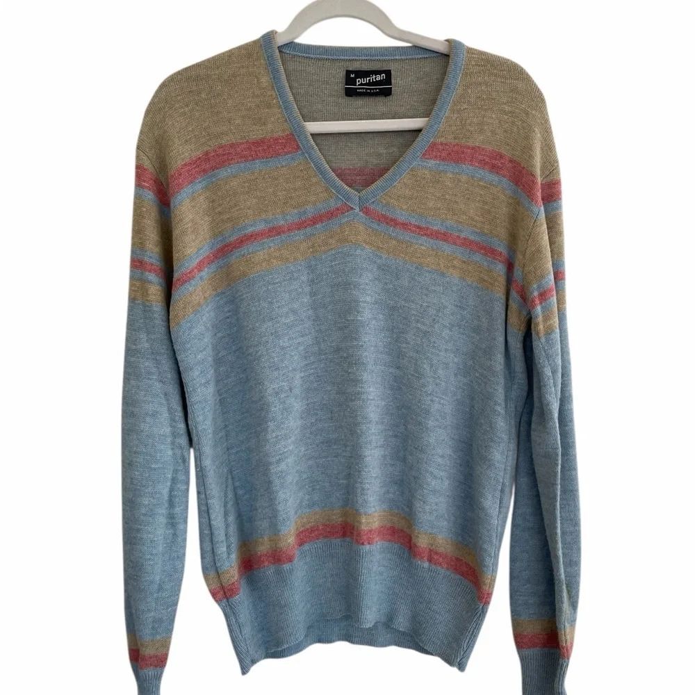 Vintage Puritan V-Neck Sweater with Blue, Tan, and Red Stripes